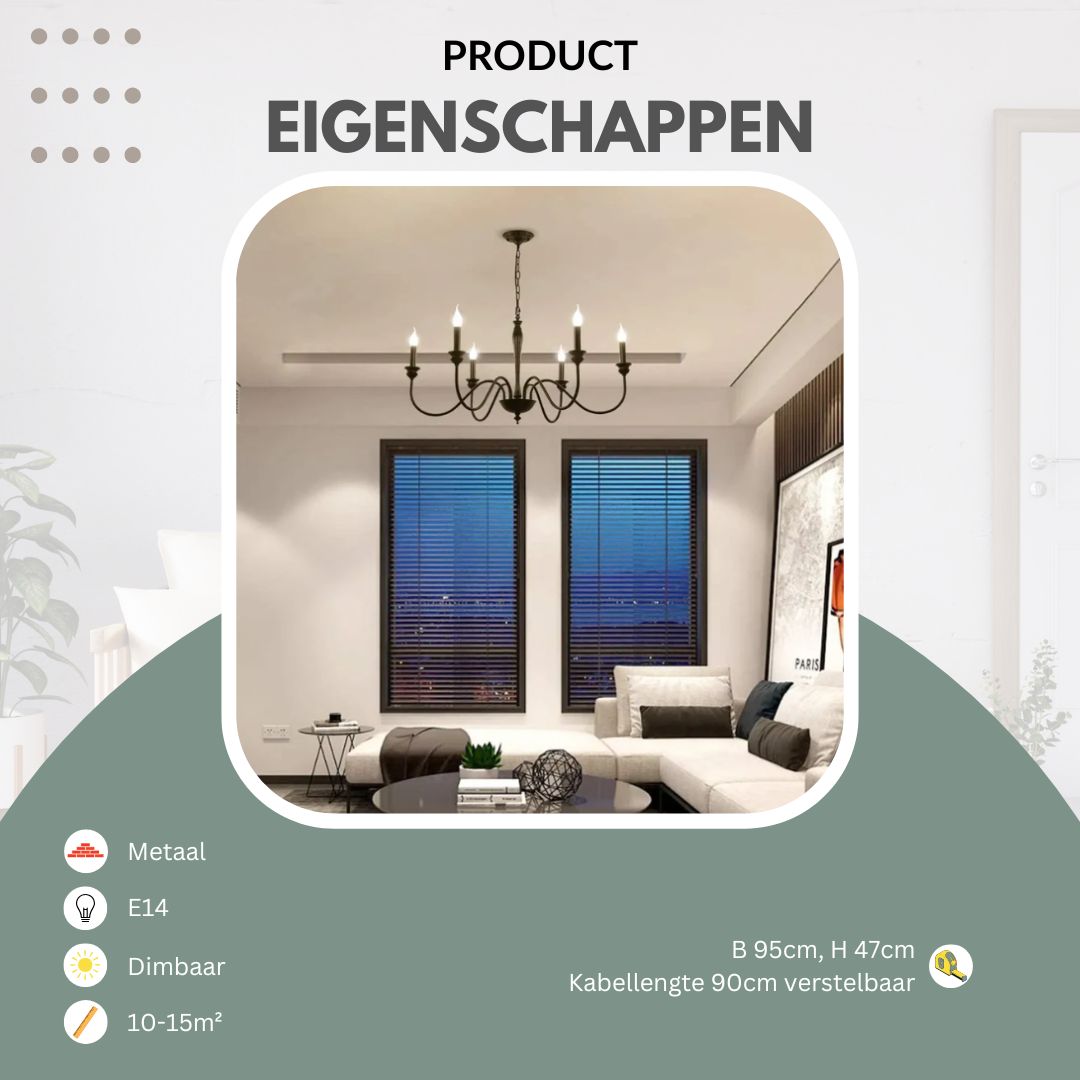 Kroonluchter zwart met 6 lampen | Recte