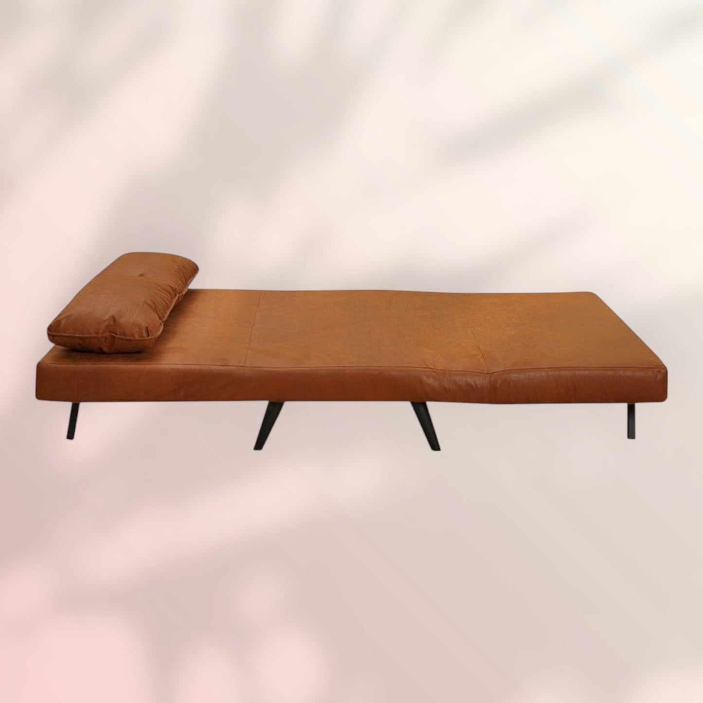 Slaapbank 1,5 persoons Kristian cognac eco-leer met chic ontwerp en comfortabele kussen voor elke moderne ruimte.