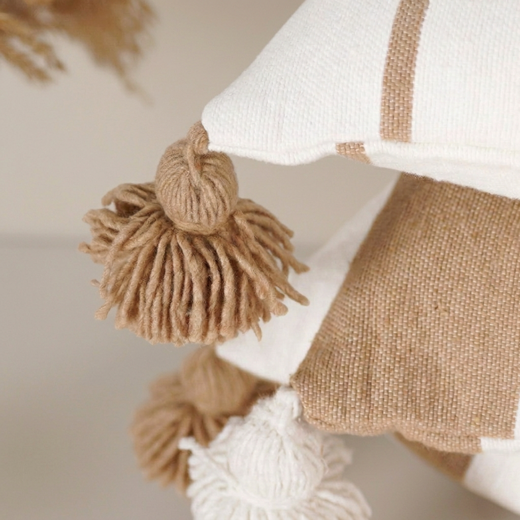Detail van pomponkussen met zachte beige achtergrond