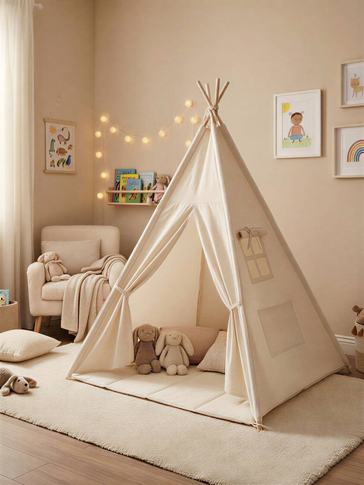 Kindertipi met vloerkleed en slingers - Nieuwe versie