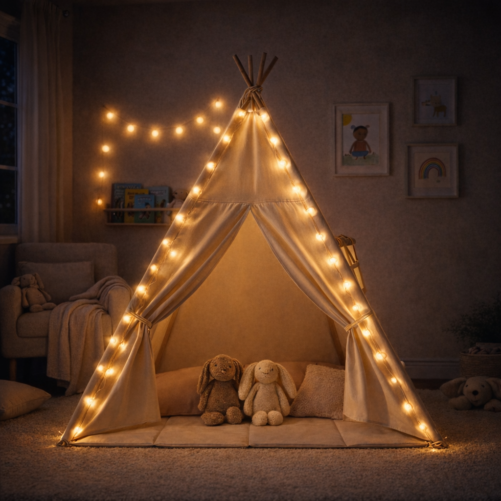 Kindertipi met vloerkleed en slingers - Nieuwe versie