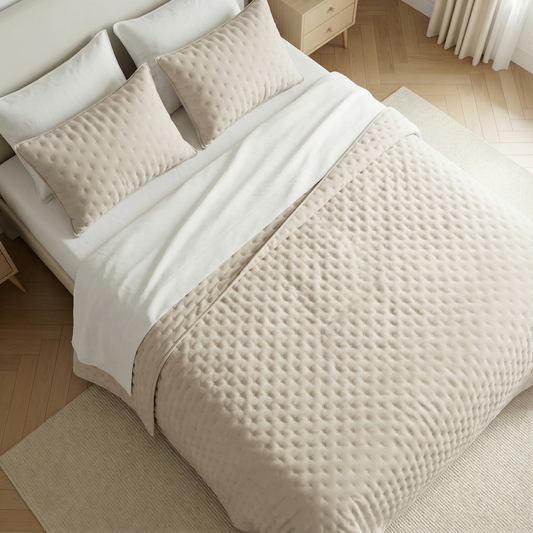 Effen doorgestikte sprei lichtbeige, zacht aanvoelend