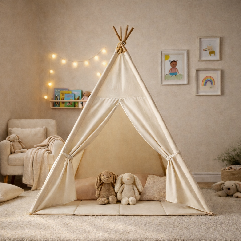 Kindertipi met vloerkleed en slingers - Nieuwe versie