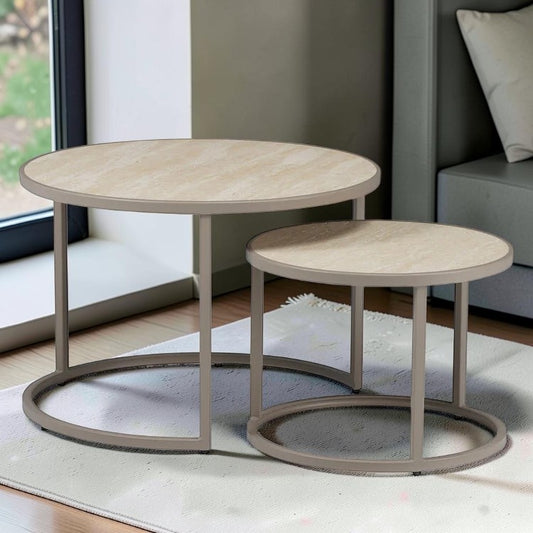 Salontafel Sef set van 2 Ø70 cm en Ø50 cm taupe travertin