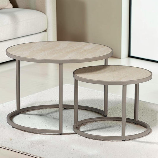 Salontafel Sef set van 2 Ø70 cm en Ø50 cm taupe travertin