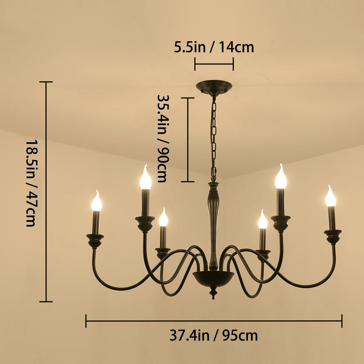Kroonluchter zwart met 6 lampen | Recte